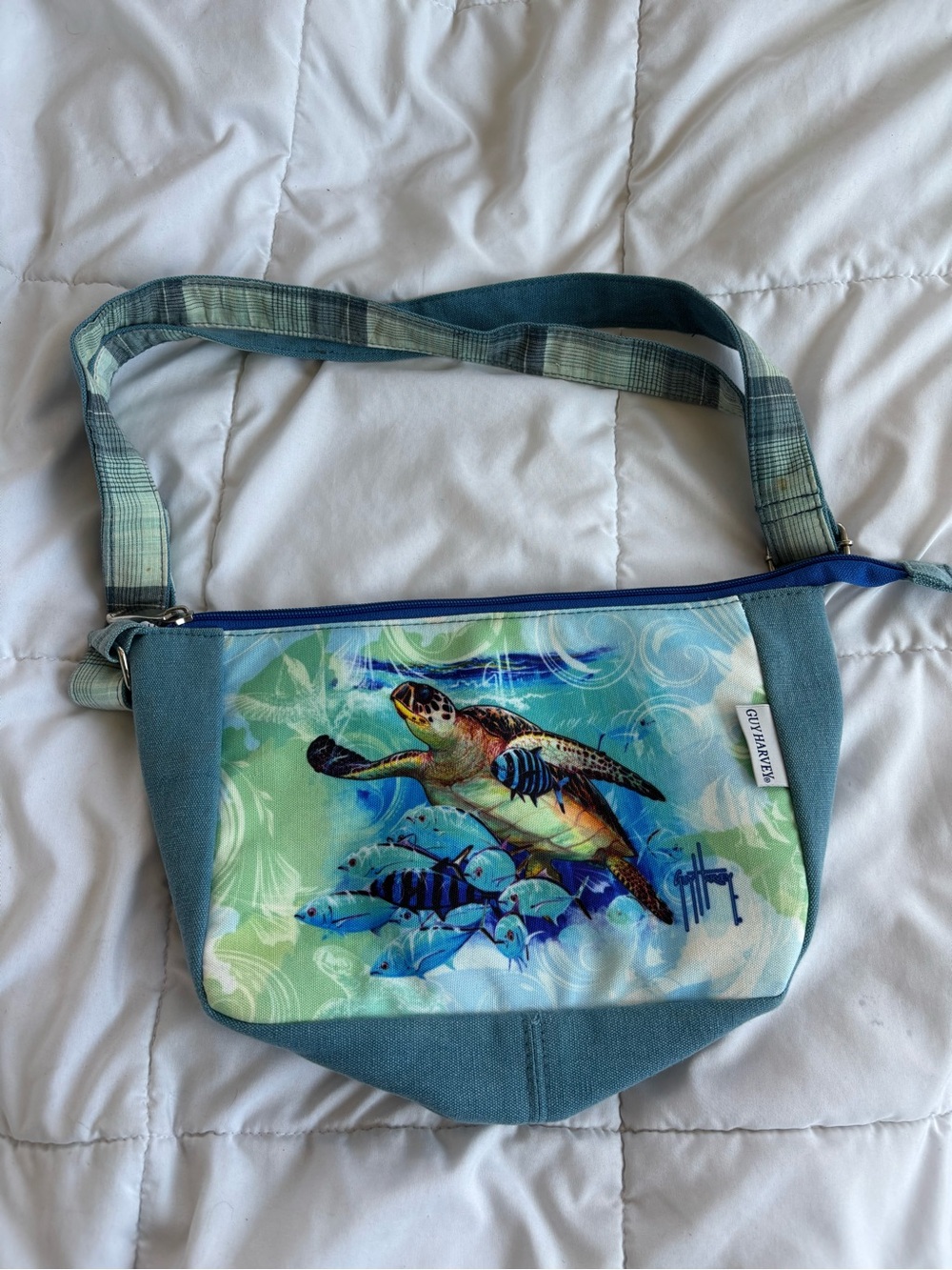 Guy Harvey Sea Turtle Canvas Crossbody Bag Blue Ocean Beach Coastal Zip Purse